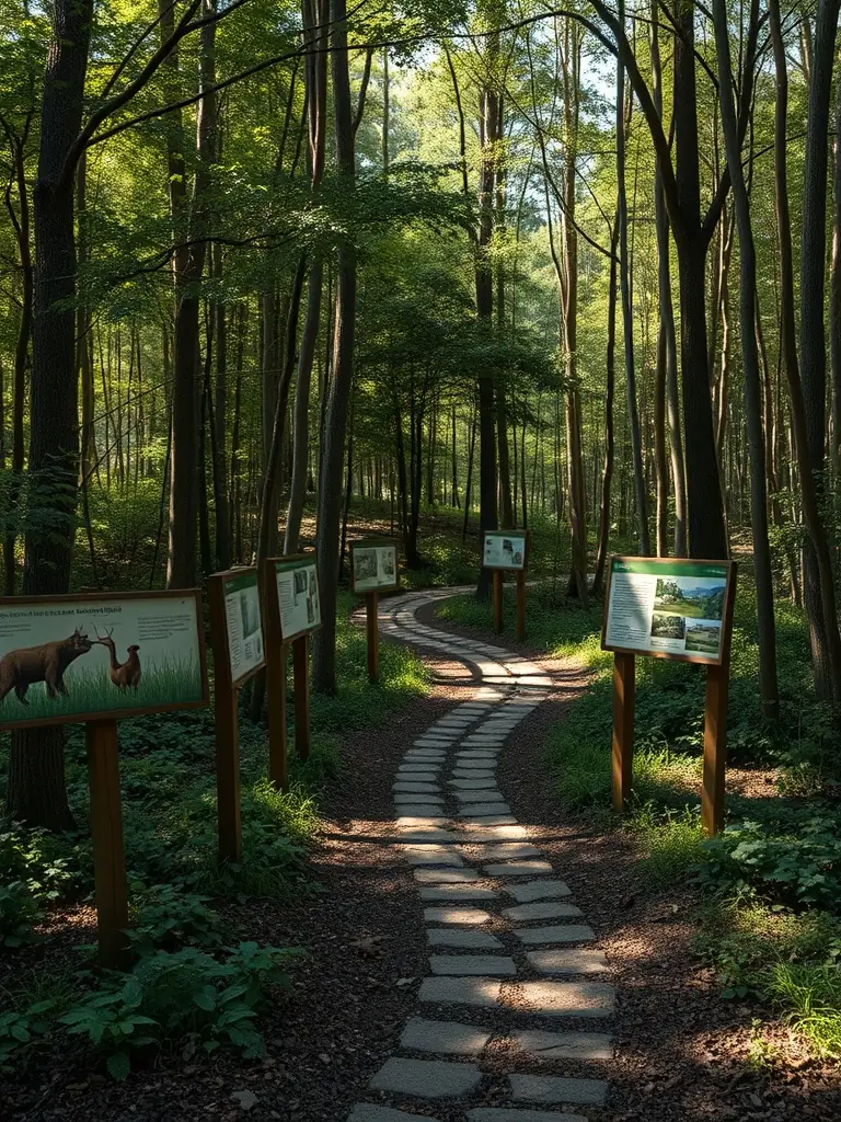 An educational nature trail winding through a forest, with informational signs highlighting local flora and fauna, promoting environmental awareness.