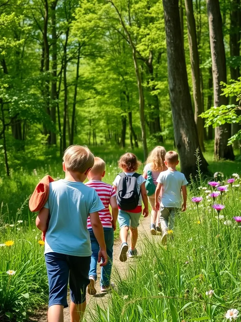 Children participating in a guided nature walk along an educational trail, learning about local flora and fauna, as part of the Educational Nature Trails program.