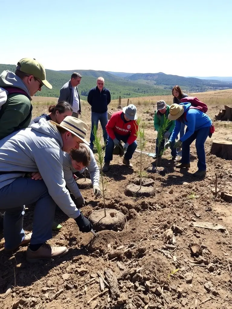 A group of volunteers planting trees in a deforested area in Auvergne, France, under the supervision of CEN D AUVERGNE staff, showcasing the Community Tree Planting Initiative.