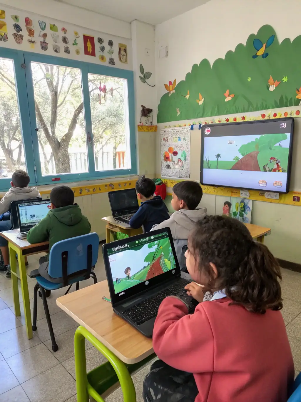 A classroom setting where children are participating in an interactive environmental education session, learning about local ecosystems and conservation practices.