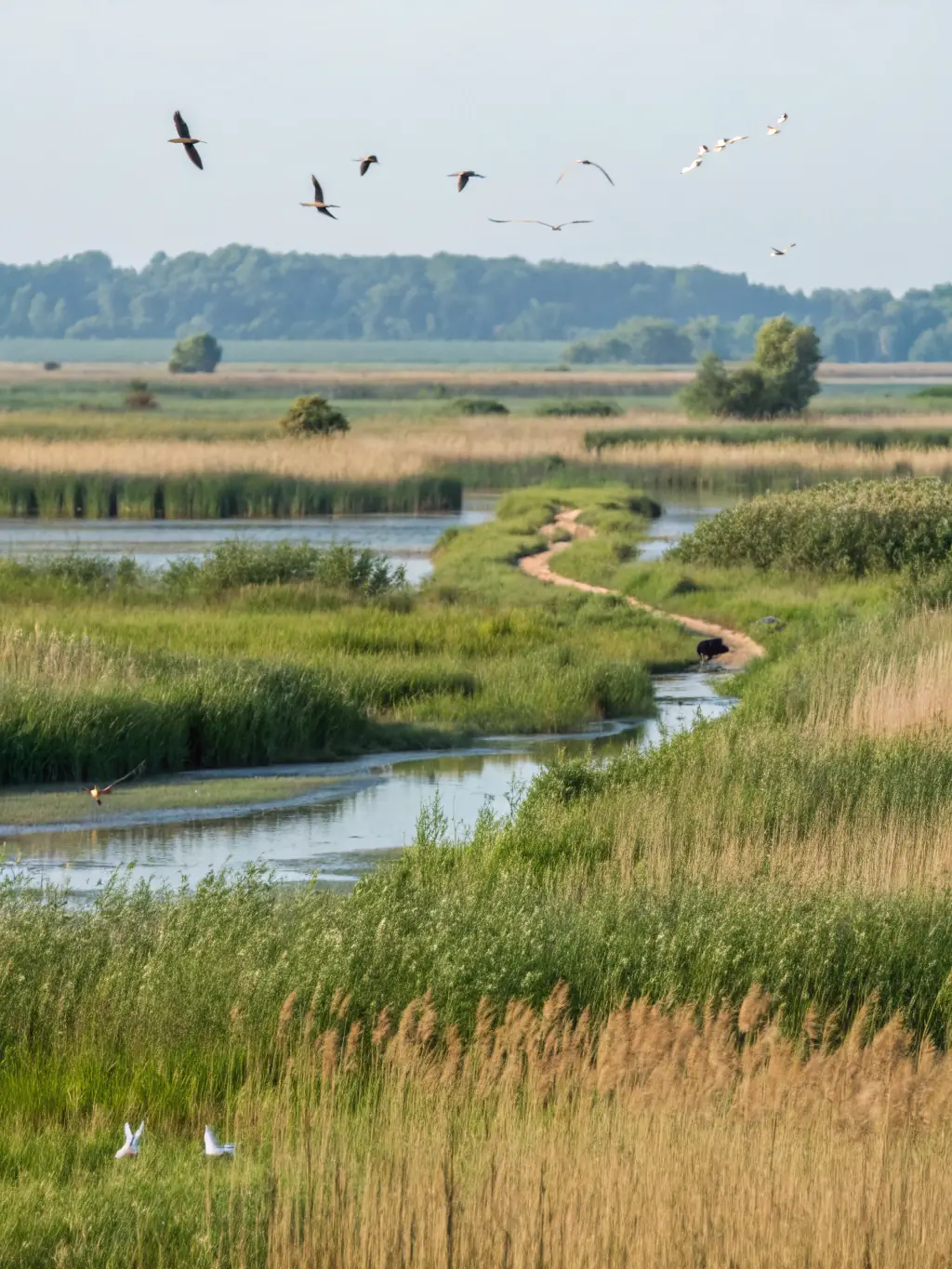 A serene image of the Auvergne wetlands, showcasing diverse bird species and lush vegetation, illustrating the success of the wetland restoration program.