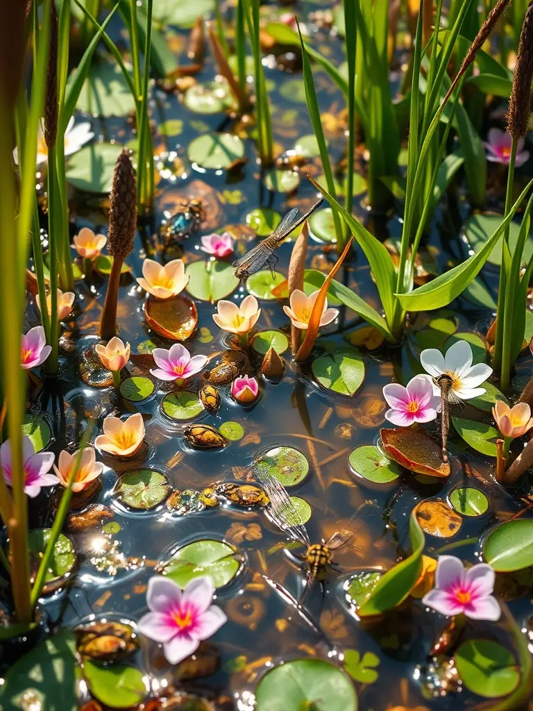 A scenic view of restored wetlands in Auvergne, showcasing diverse plant and animal life, as part of the Restoration of the Auvergne Wetlands project.