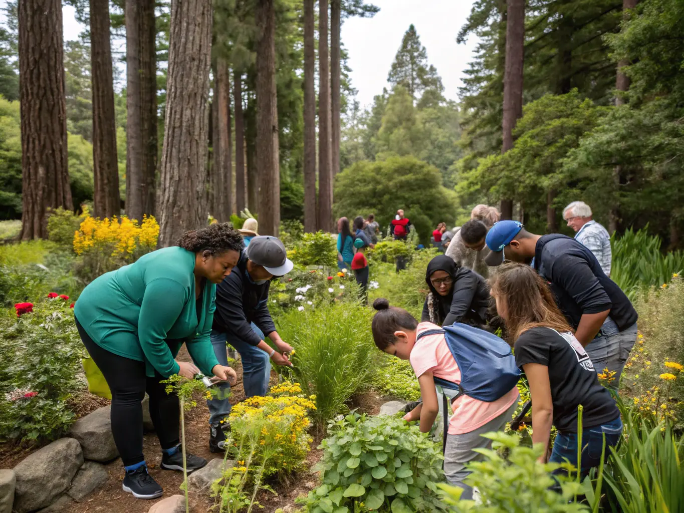 A vibrant image of children and adults participating in a hands-on outdoor workshop in a lush natural setting, learning about local flora and fauna as part of CEN D AUVERGNE's environmental education program.