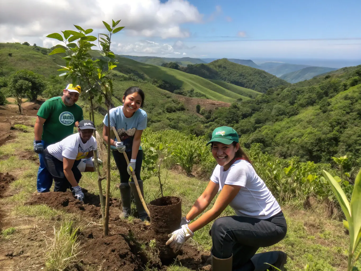 A scenic view of volunteers planting native trees in a degraded landscape, contributing to CEN D AUVERGNE's community tree planting initiative.
