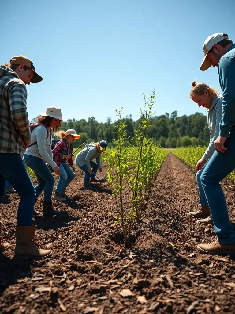 A group of volunteers planting native trees in a deforested area, demonstrating community involvement in the tree planting initiative.